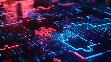 Poster - Futuristic neon puzzle pieces merging into a system on a digital screen, symbolizing API integration