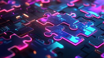 Poster - Futuristic neon puzzle pieces merging on a digital interface, symbolizing API integration and system collaboration