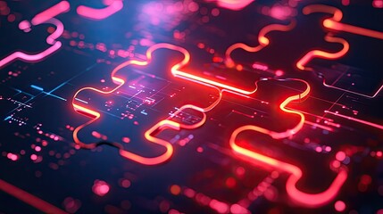 Poster - Futuristic neon puzzle pieces merging on a digital interface, symbolizing API integration and system collaboration