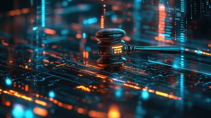 Poster - Gavel on an abstract glowing tech interface, representing the shift toward digital law enforcement.