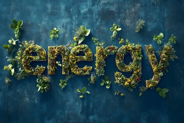 The word “energy” is beautifully crafted using an assortment of green plants and leaves, set against a textured dark blue background.