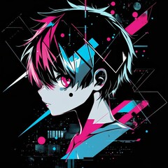 Geometric shapes in anime cartoon boy images.  sharp and eye-catching. The anime style brings a sense of fun and creativity.  The cool tones add a modern touch.  It's a combination of art and commerce