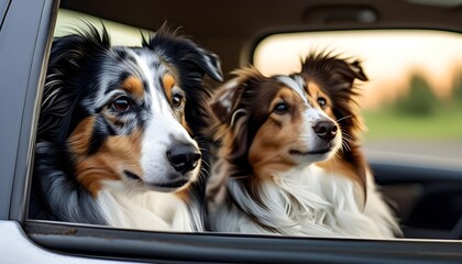 Wall Mural - Joyful Collie exploring the world with curiosity from a car window during an adventurous journey