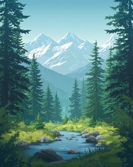 Wall Mural - A serene mountain valley with a winding stream surrounded by lush evergreen trees and snow-capped peaks in the background.