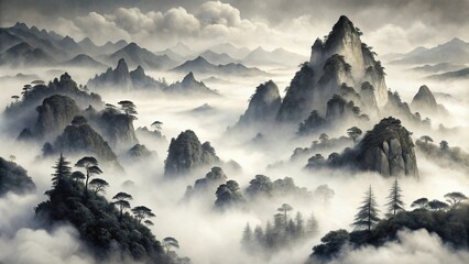 Wall Mural - high angle view of mountain and fog in traditional chinese ink wash painting style