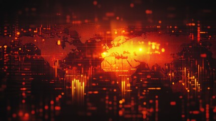 Poster - Abstract digital representation of a world map with red and orange data visualizations.