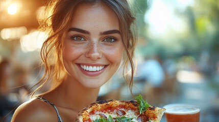 Woman Enjoying a Casual Outdoor Meal with Pizza and Salad