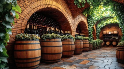 Poster - A rustic wine cellar with wooden barrels lined up and vines hanging from the brick walls