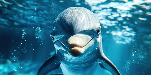 A dolphin is swimming in the ocean with its mouth open