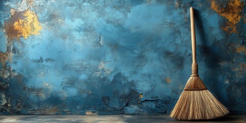 Aufkleber - A rustic broom leaning against a weathered blue and gold wall