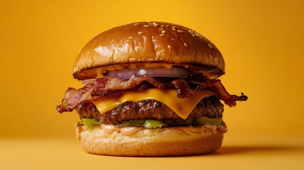 Wall Mural - A cheeseburger with bacon and red onion on a toasted sesame seed bun, on a yellow background.