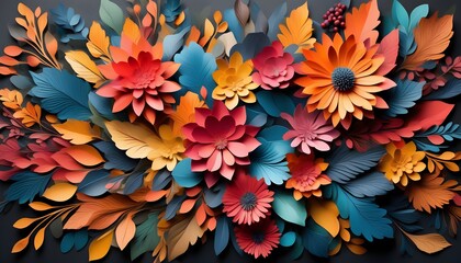 Psychedelic Abstract Floral Background Featuring Chaotic Colored Leaf Stickers in Computer Graphics Design