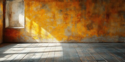 Poster - A Rustic Room with a Patch of Sunlight Illuminating a Weathered Wooden Floor and a Partially Blocked Window