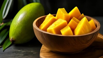 Canvas Print -  Deliciously ripe mango slices in a wooden bowl