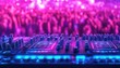 © P - Vibrant dj mixer console at nightclub with party crowd and neon lights