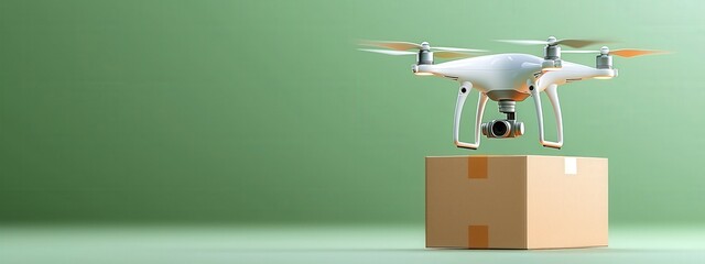 A drone hovers over a cardboard box, symbolizing innovative delivery solutions. The green background enhances the modern technology theme and conveys efficient shipping concepts.