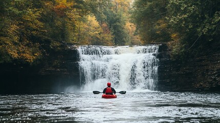 Sticker - A kayaker paddles towards a waterfall in the forest.