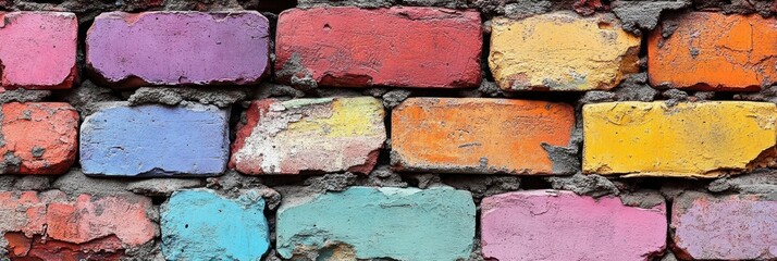 Poster - A weathered brick wall with chipped paint in various shades of purple, red, yellow, blue, and green.