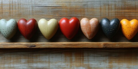 Poster - A row of colorful hearts lined up on a rustic wooden surface, creating a vibrant and heartwarming display