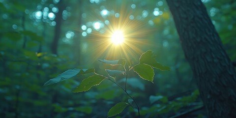 Poster - A single twig with delicate leaves reaches for the sun as golden rays pierce through the canopy of a lush, green forest