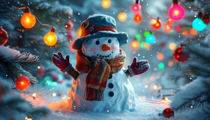 Wall Mural - Playful snowmen in cozy winter scene, adorned with scarves, surrounded by vibrant Christmas lights and charming snow-covered decorations