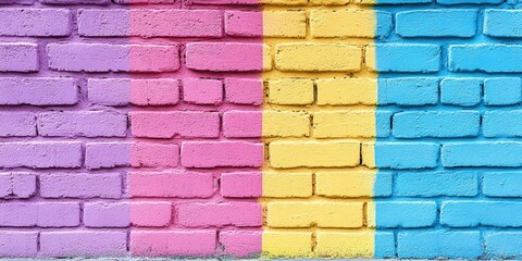 Poster - A Vibrant Brick Wall Painted with a Horizontal Gradient of Purple, Pink, Yellow, and Blue