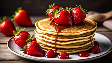 Wall Mural -  Deliciously stacked pancakes with fresh strawberries and syrup