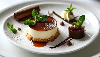 Decadent mousse delight adorned with chocolate curls and fresh mint on a pristine white plate