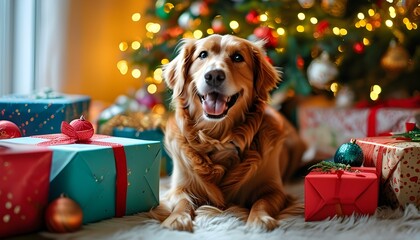 Wall Mural - Joyful celebration with a cheerful dog amidst vibrant gift boxes and festive decorations indoors