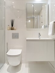 A modern, white bathroom with a toilet, sink, and mirror.