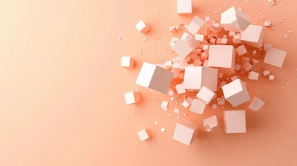 Sticker - An abstract image of white cubes exploding on a peach background.