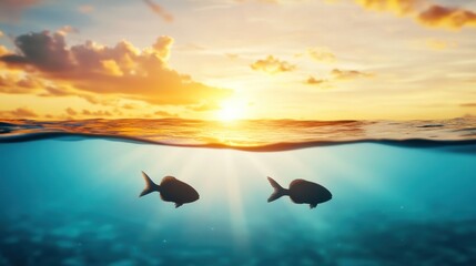 Wall Mural - Underwater Scene with Fish and Sunset Glow