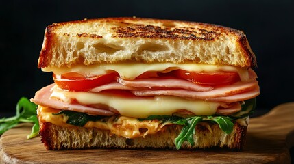 Poster - A toasted ham and cheese sandwich with tomato and arugula.