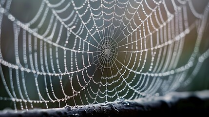 A close-up of a rain-soaked spider web, droplets shimmering like pearls.