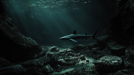 Wall Mural - Shark Swimming Through Dark Underwater Environment