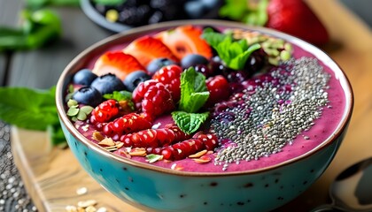 Wall Mural - Vibrant smoothie bowl adorned with fresh berries, mint leaves, and chia seeds, highlighting a healthy, colorful breakfast choice