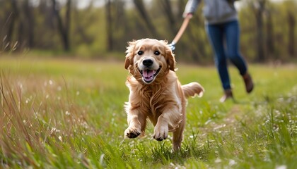 Wall Mural - Joyful Golden Retriever puppies frolicking in the grass with a human companion in the background holding a leash