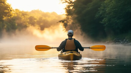 Canvas Print - A man kayaks down a misty river at sunrise.