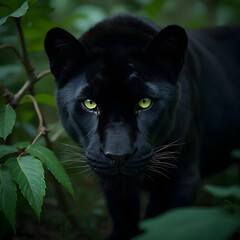 Dangerous black panther animal green leaves green eyes