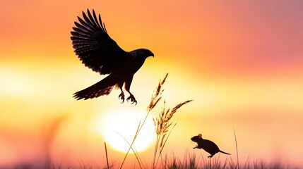 Wall Mural - Majestic Bird Hunting at Sunset Over Grassland