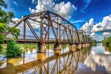 Historic pony truss swing bridge over the Mermentau River in Cameron Parish Louisiana with hurricane Laura aftermath