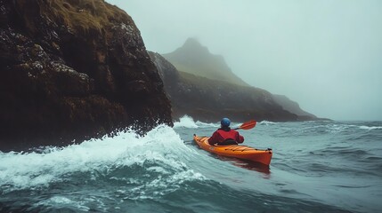 Sticker - A kayaker paddles through choppy waters near a rocky shore with a mountain in the distance.