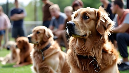 Wall Mural - Attentive golden retriever participating in a training session with other dogs and observers in the background