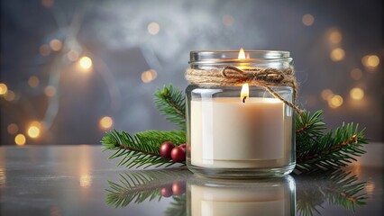 Wall Mural - Holiday candle reflected in glass jar with label mock up