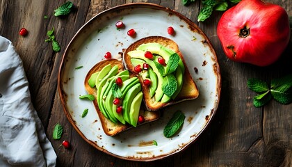 Wall Mural - Avocado and pomegranate toast garnished with mint on a rustic plate, featuring vibrant and healthy breakfast inspiration