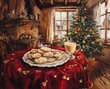 © Blueprint Gallery - A cozy scene featuring Christmas cookies and hot coffee on a rustic table near a festive tree and fireplace.