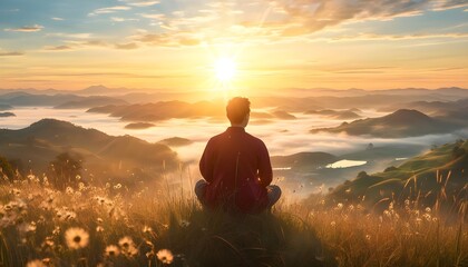 Wall Mural - Grateful man offering thanks to God atop a serene mountain