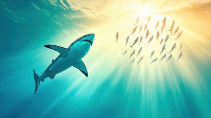 Wall Mural - Shark Swimming in Ocean Rays with Fish School Above