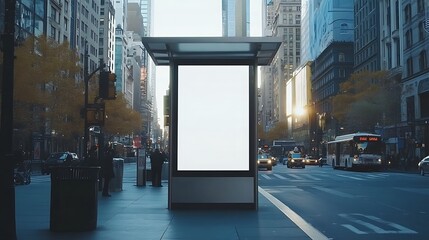 A blank white poster on the side of a bus stop shelter, with a clean glass structure and surrounding city streets in the background.