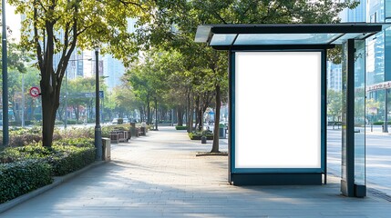a blank white poster on the side of a bus stop shelter, with a clean glass structure and surrounding